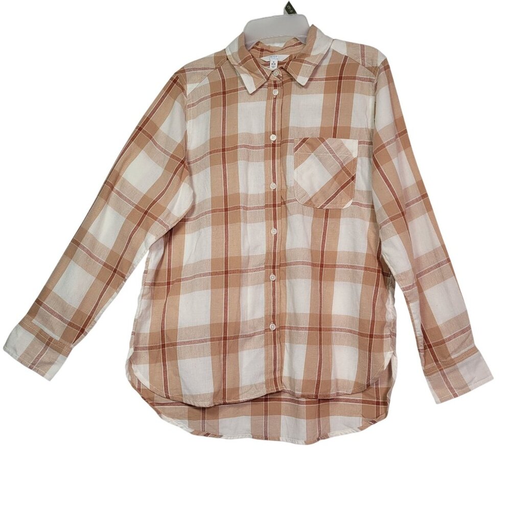 Time & Tru Women's Plaid Button-Up Long Sleeve Shirt Beige Size Small (4-6)